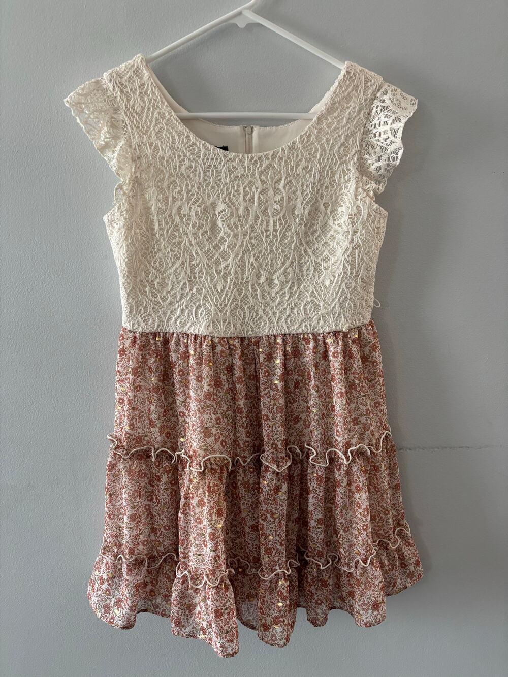 By & By Girl Lace Floral Tiered Dress Size 14 1/2 Spring Mini Neutral